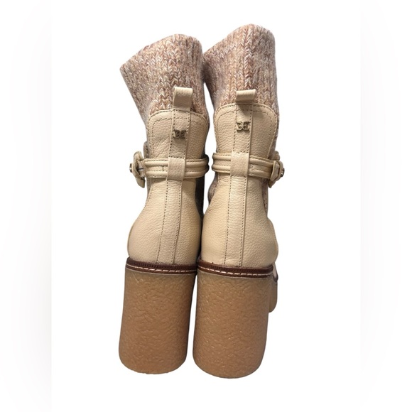 Sam Edelman Cream Leather Knit Cuff Heeled Boots, Austrian Wool - Picture 6 of 13
